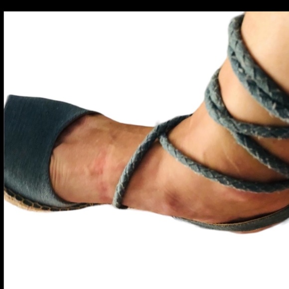 Merona  size 10 denim platform wedge ankle wrap ties like new in box - Picture 4 of 14